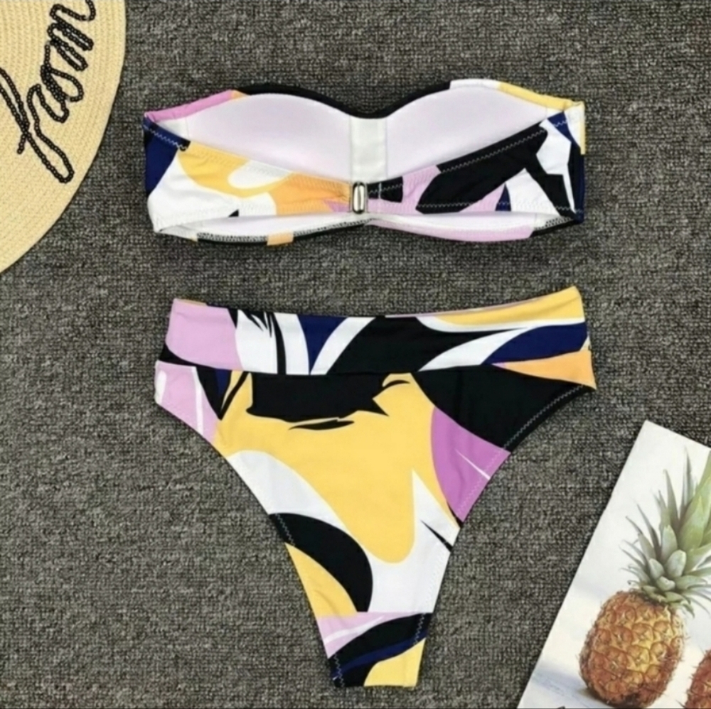 New Black Colorful Bandeau Top High Waist Bikini Set Swimsuit Size M - Picture 4 of 6